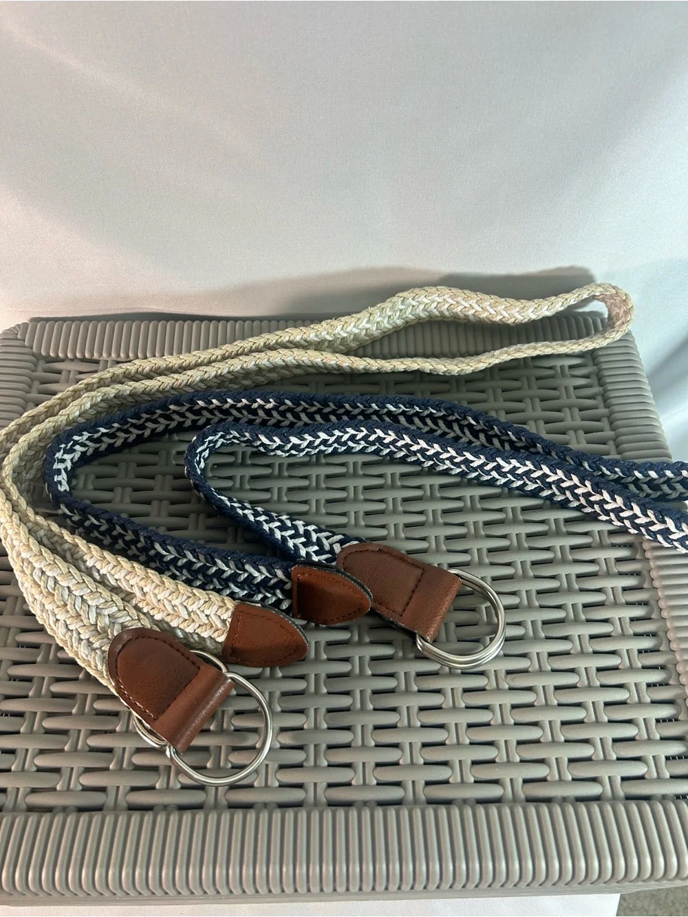 Woven Stretch Belt in Navy and Cream with Brown Leather Trim